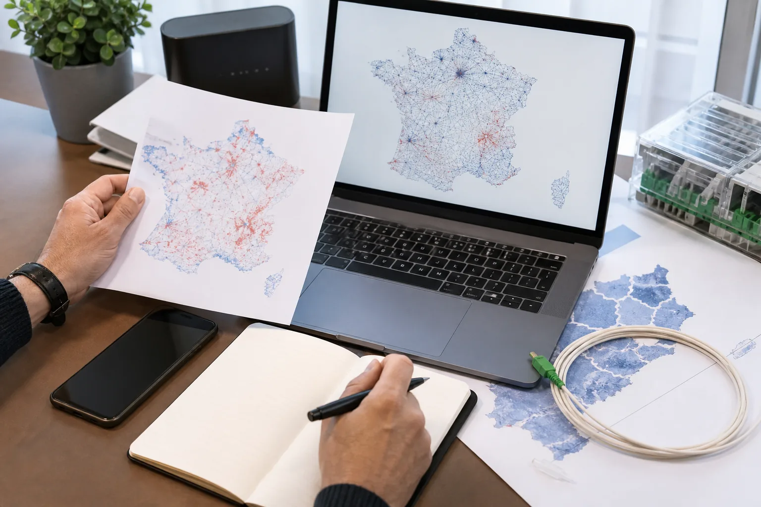 Personne consultant une carte et des documents télécoms sur un bureau