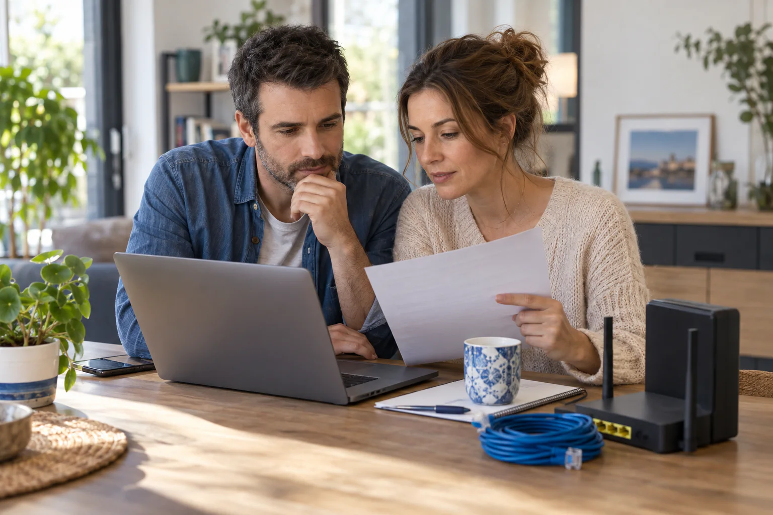 Couple comparant des documents et une box Internet devant un ordinateur