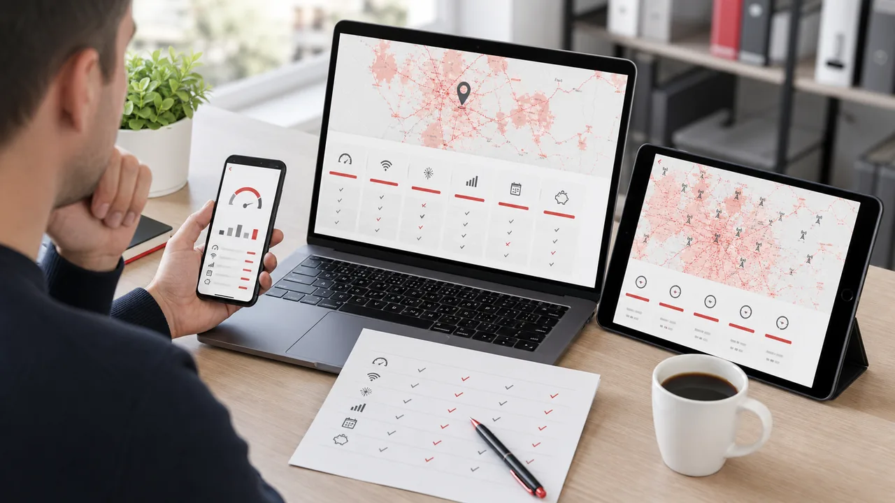 Personne comparant des cartes de couverture sur ordinateur et smartphone