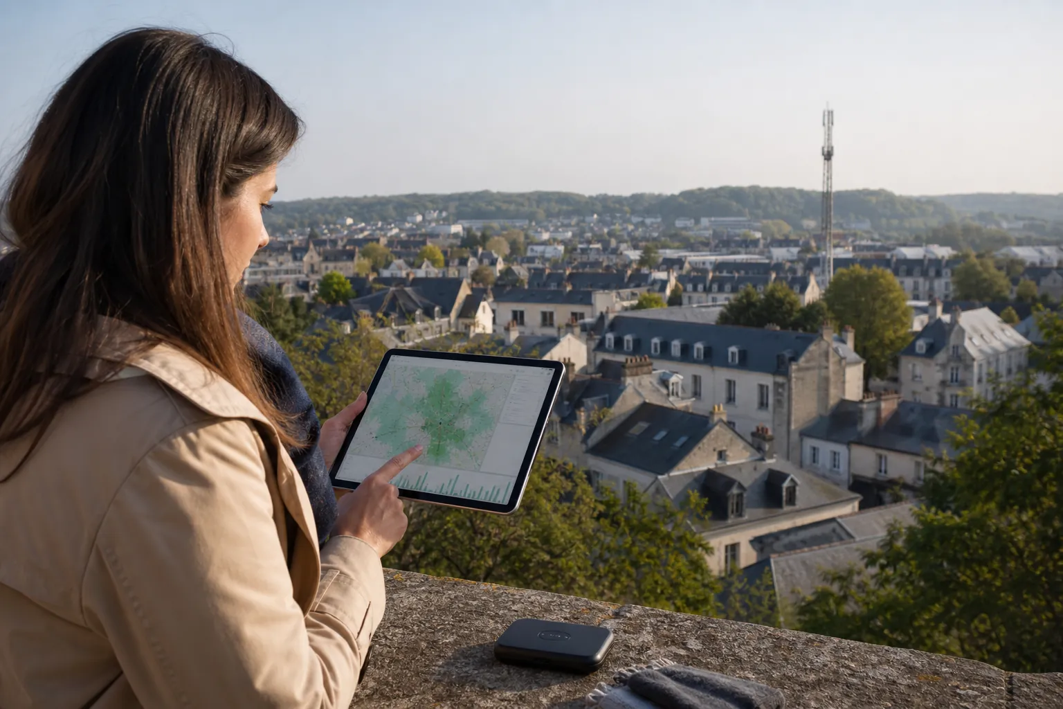Personne consultant une carte sur tablette avec vue sur une ville