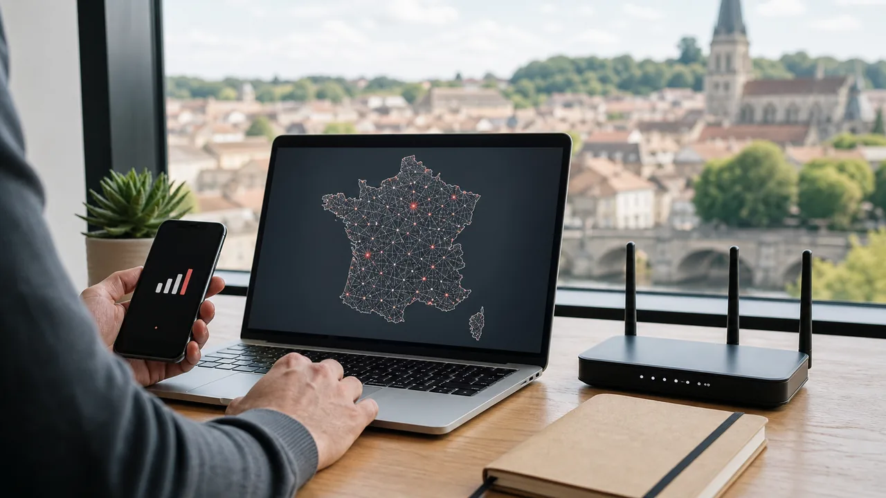 Personne examinant une carte de France sur ordinateur près d’une box