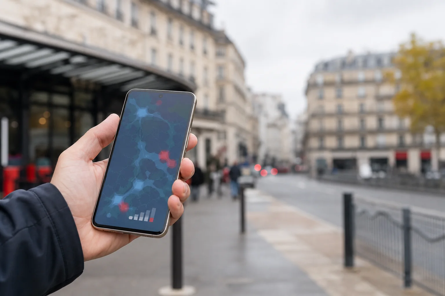 Smartphone affichant une carte de couverture mobile dans une rue