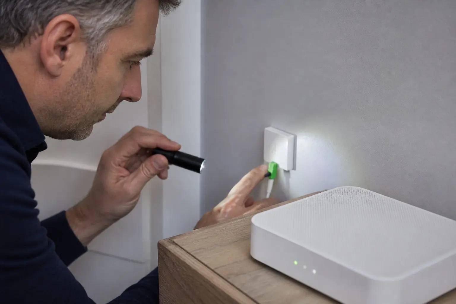 Personne contrôlant les voyants d’un boîtier fibre près d’une box