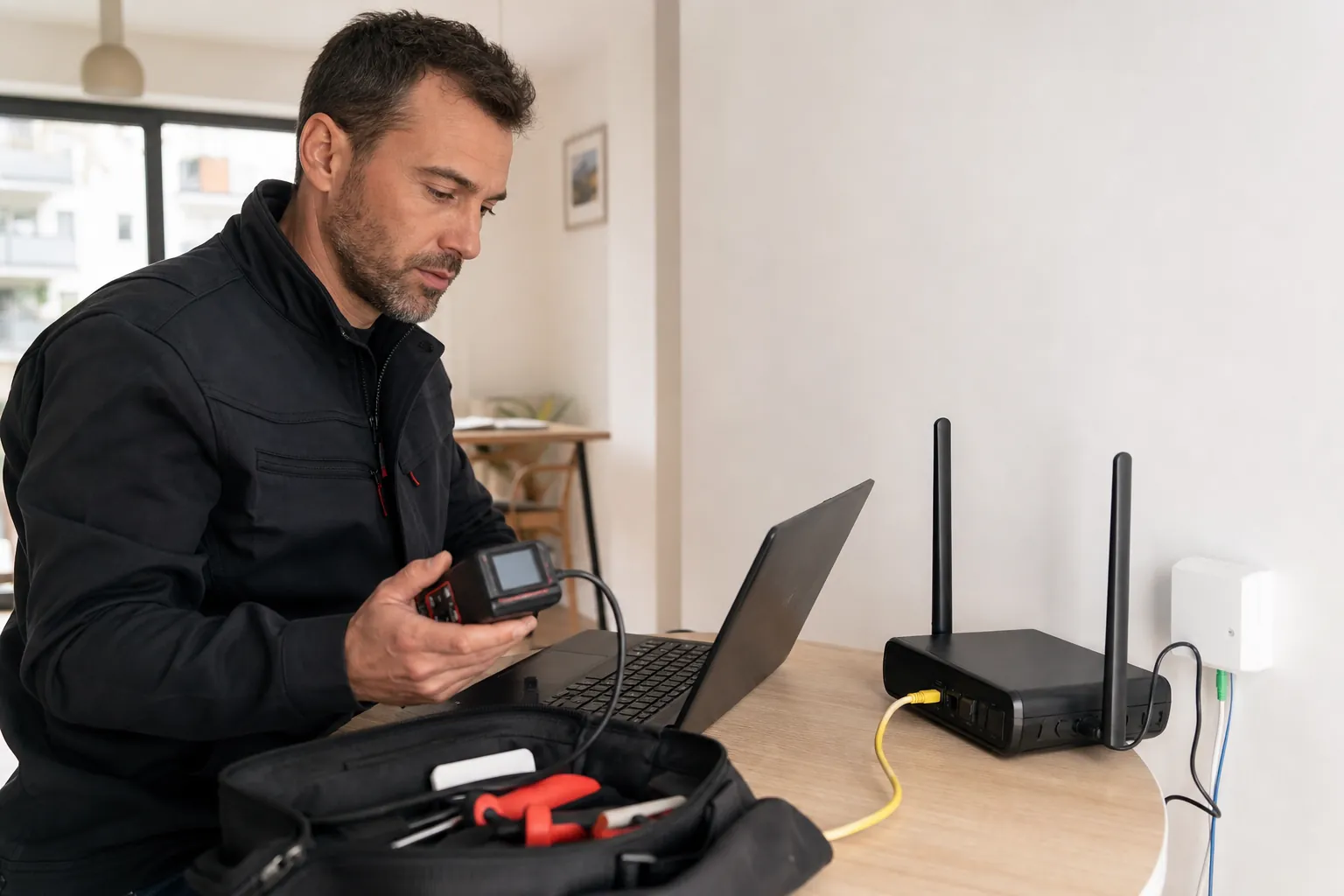 Technicien vérifiant une connexion réseau avec un appareil de mesure