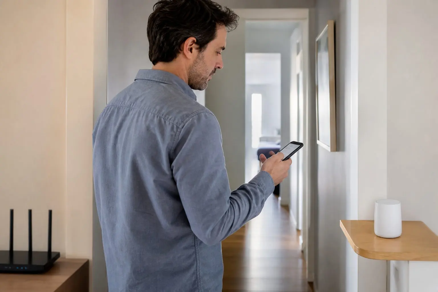 Personne ajustant un point d’accès Wi-Fi dans un logement