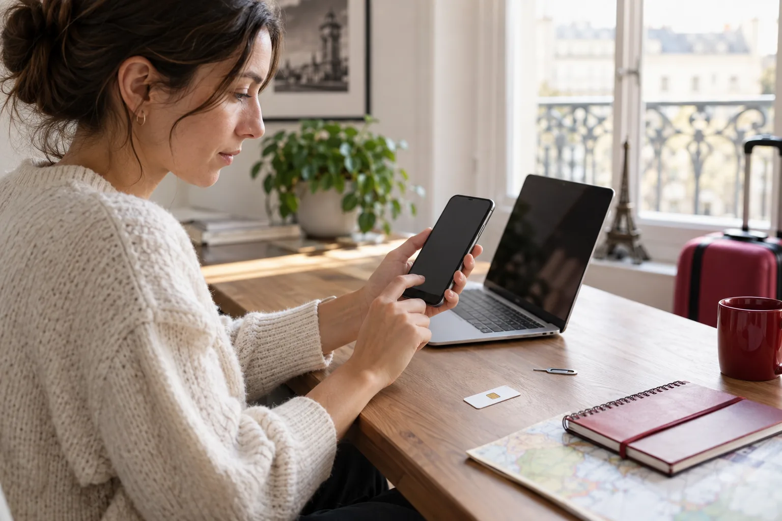 Personne préparant une eSIM sur smartphone à côté d’un ordinateur