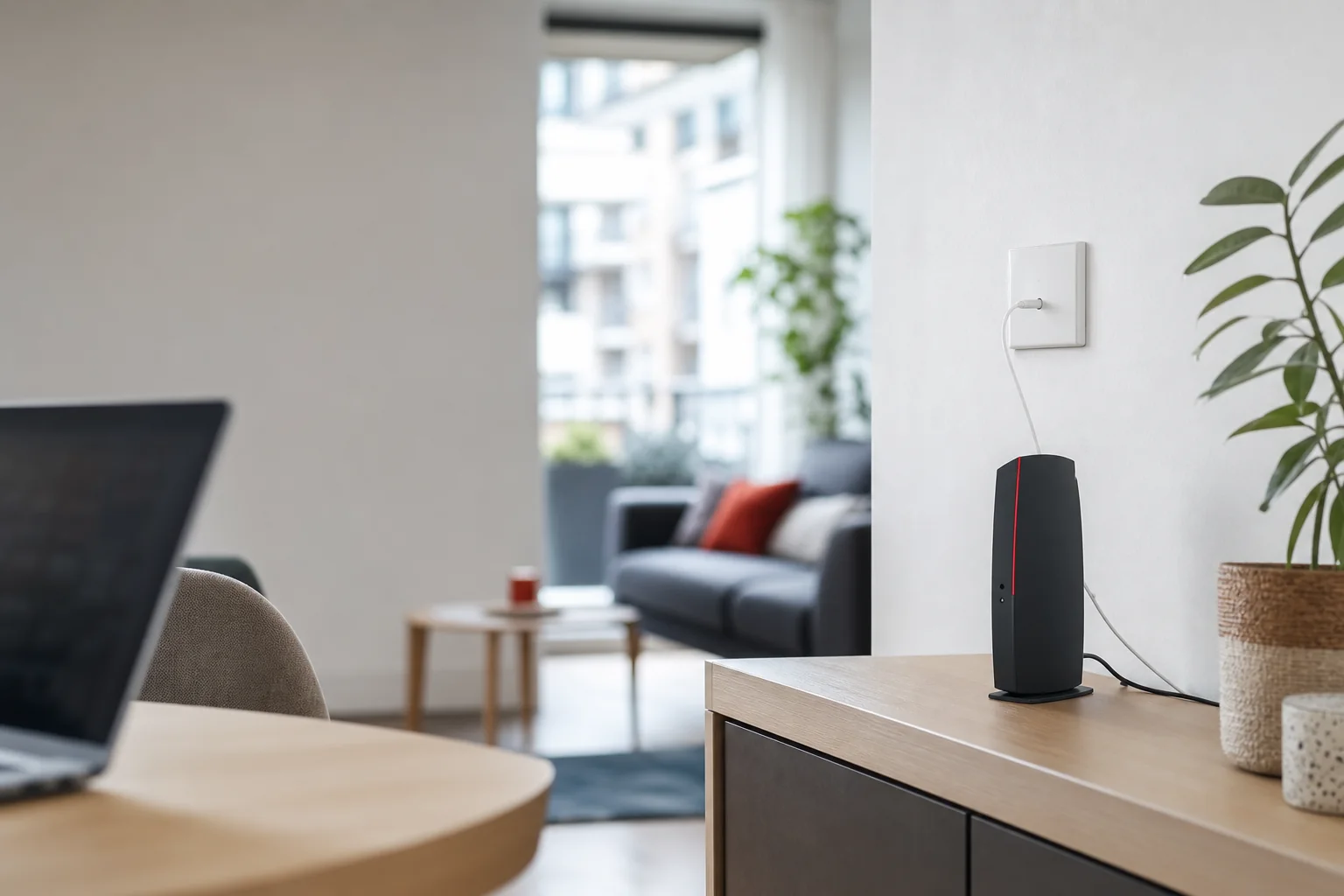 Box Internet et ordinateur sur un bureau dans une pièce lumineuse