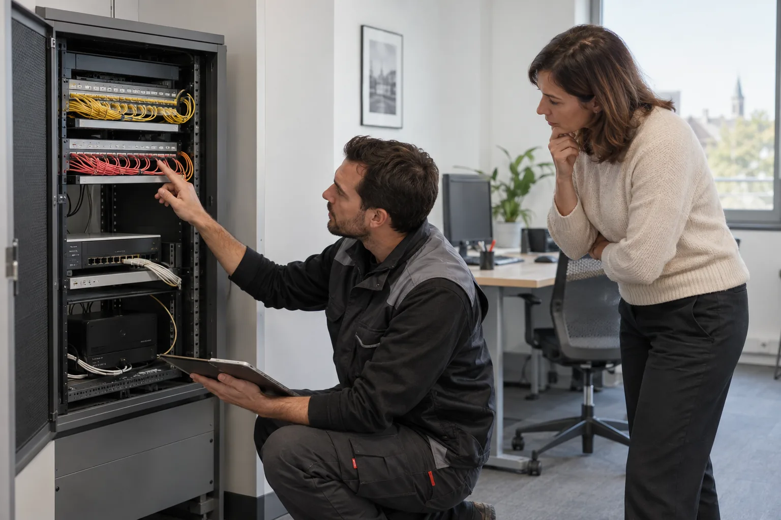 Technicien vérifiant une armoire réseau avec une collaboratrice