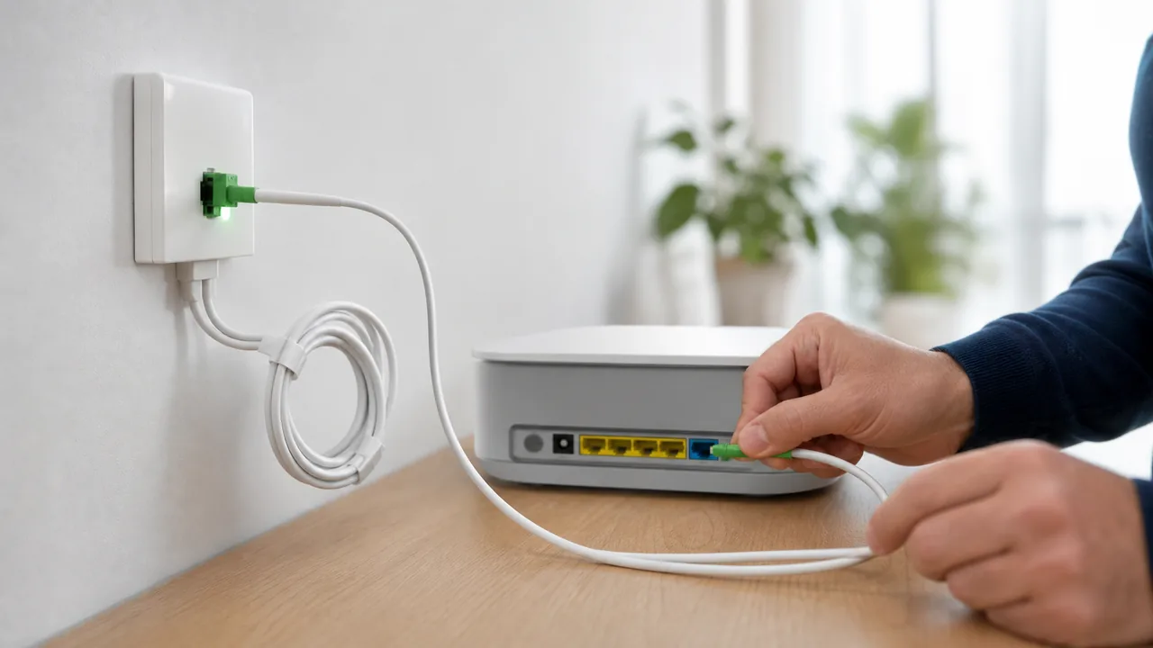 Main vérifiant une box connectée à une prise fibre