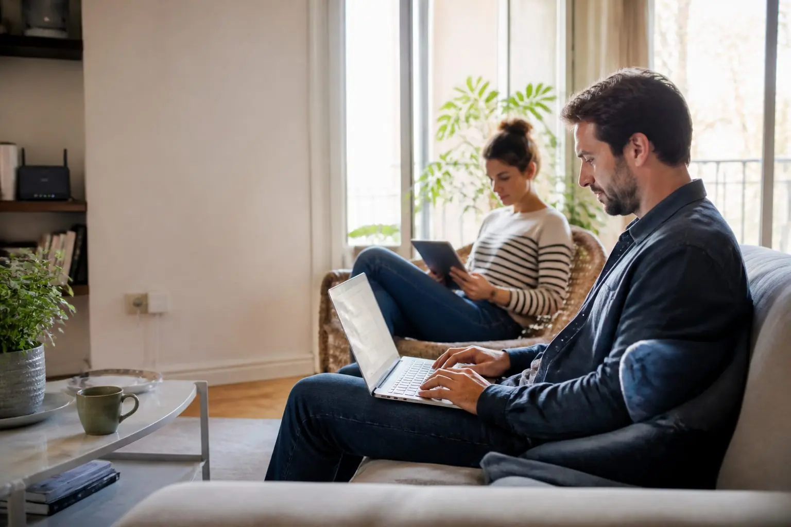 Famille utilisant tablette et ordinateur dans un salon