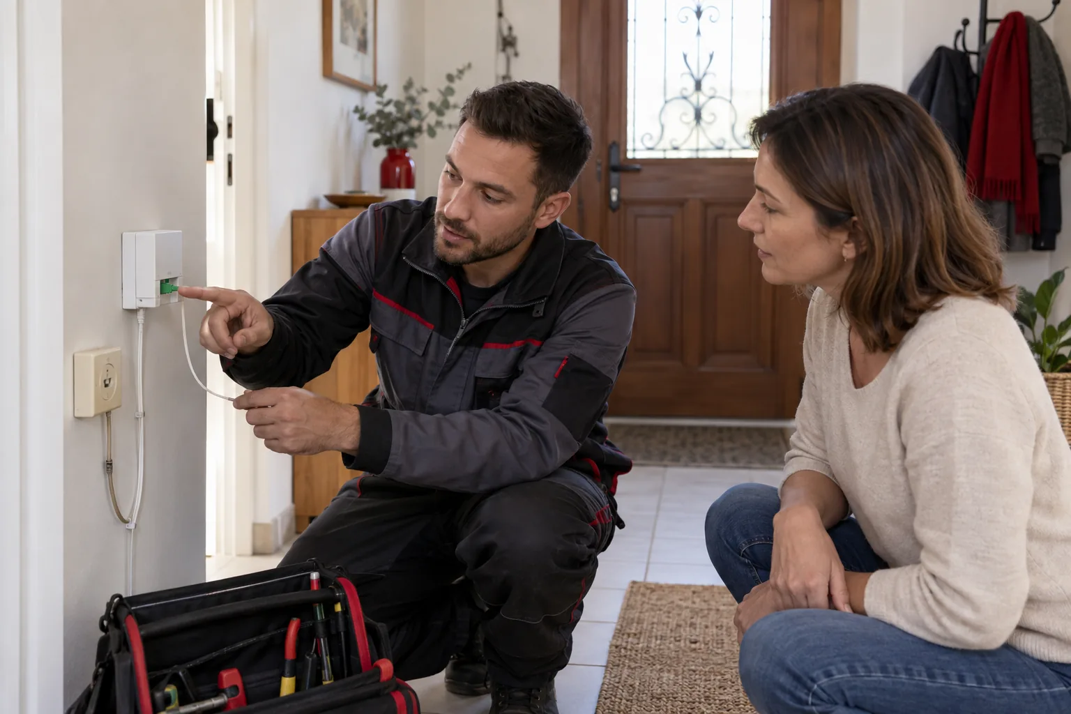 Technicien présentant une prise fibre et une ancienne prise téléphonique