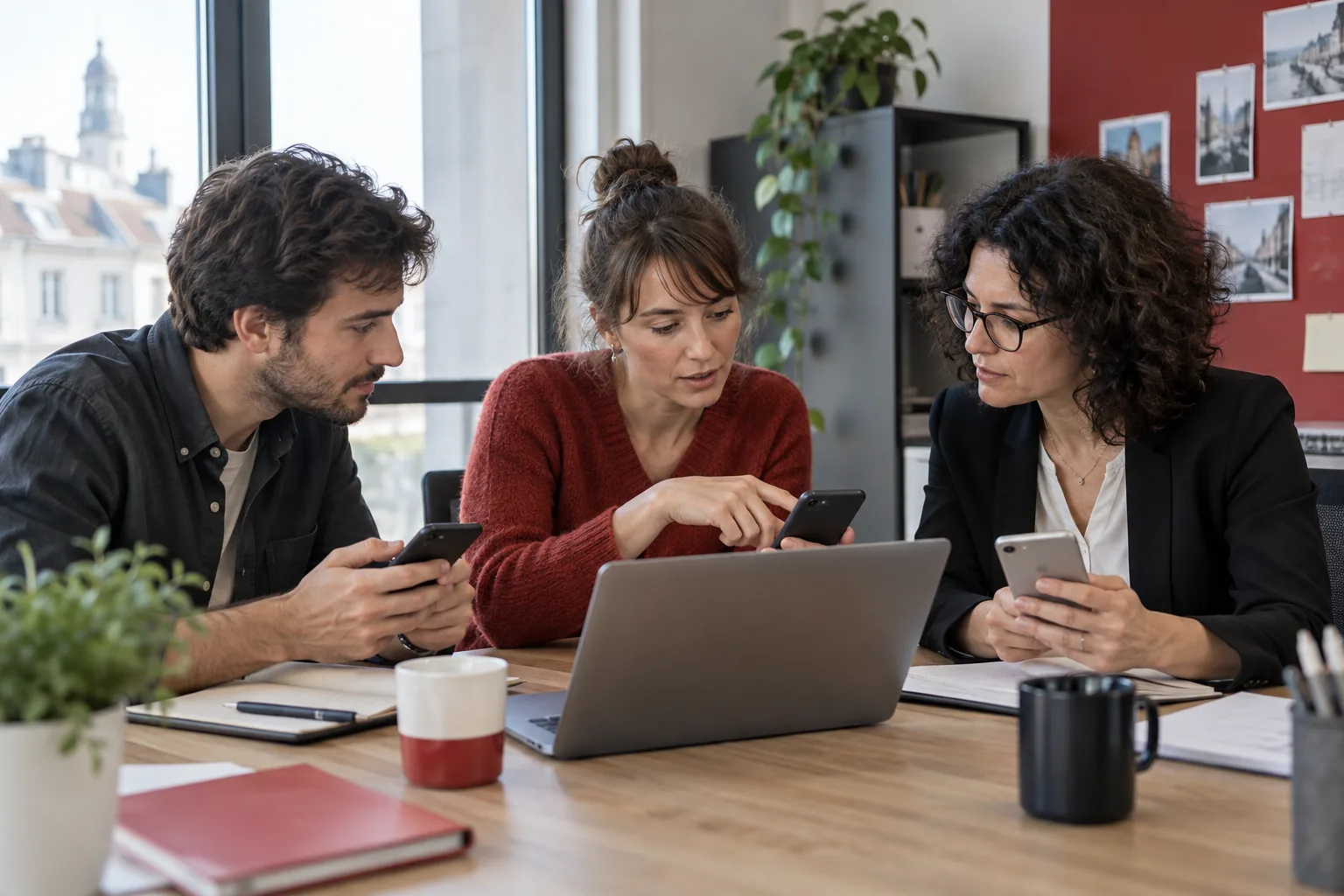 Équipe comparant ses smartphones et ses besoins mobiles