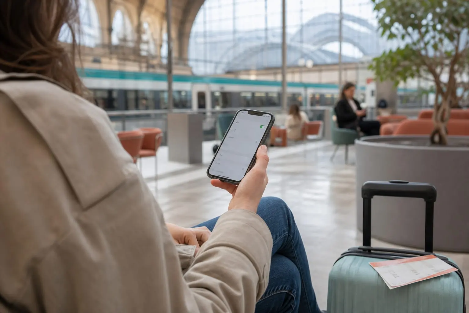 Voyageuse utilisant un smartphone près de sa valise