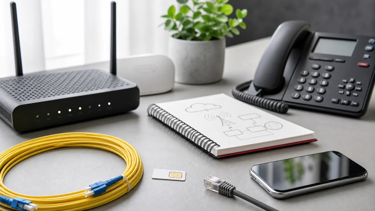 Box, téléphone IP, smartphone et câble Ethernet sur un bureau