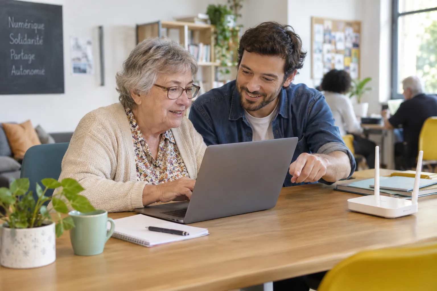 Illustration photoréaliste : adulte accompagnée dans l’utilisation d’un ordinateur dans un espace d’aide numérique