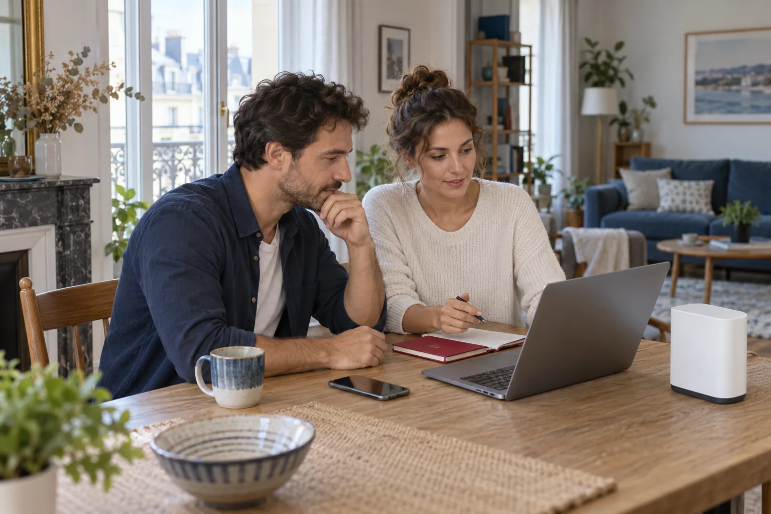 Deux adultes préparant leur connexion dans un salon avec ordinateur et routeur