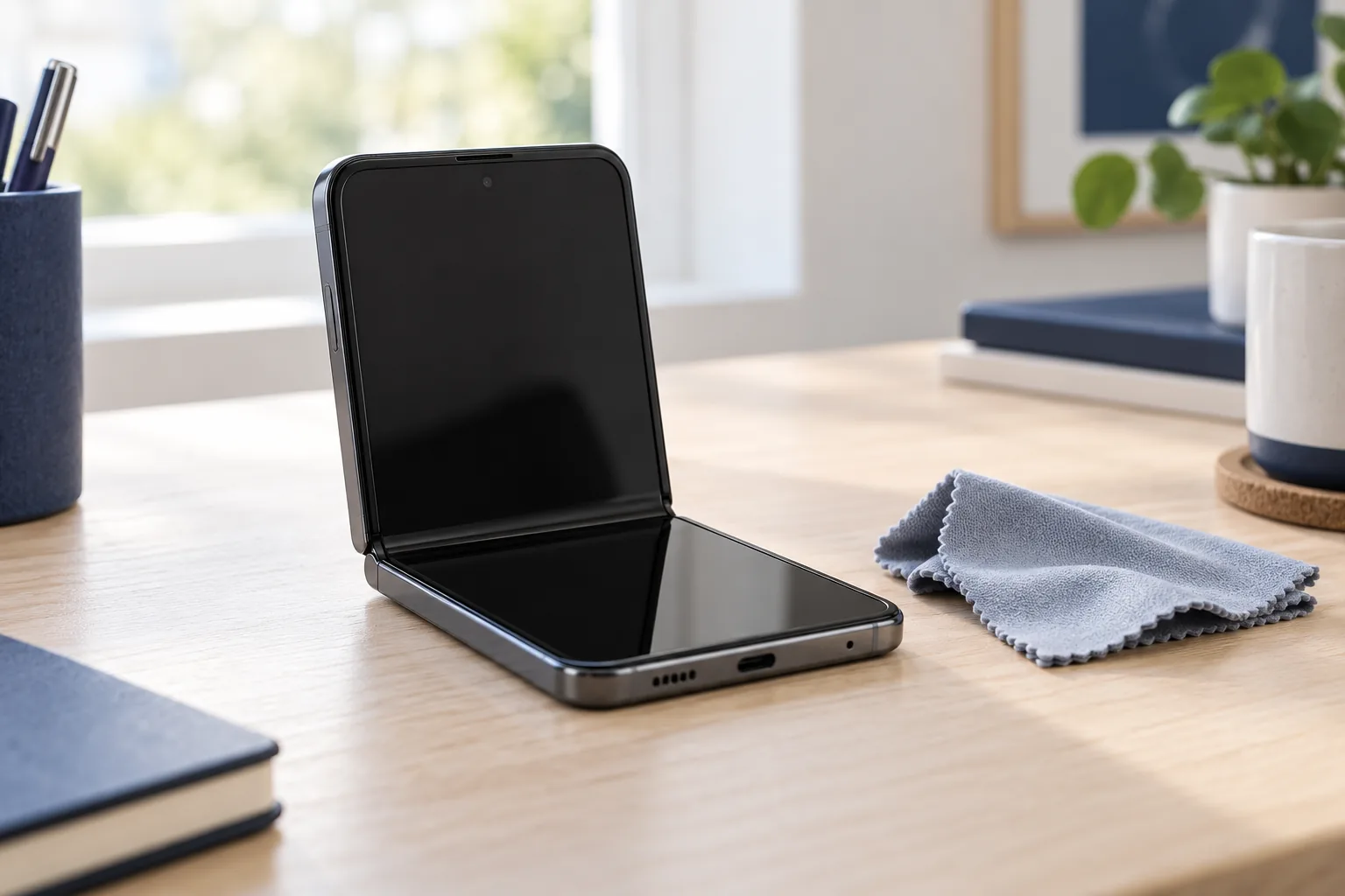 Téléphone pliable entrouvert montrant sa charnière et son écran intérieur