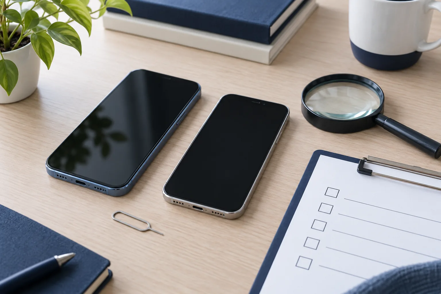 Deux smartphones et des accessoires de contrôle sur un bureau