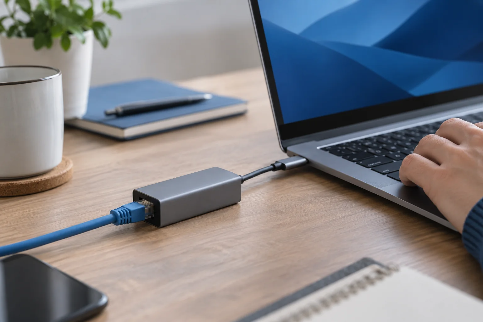 Adaptateur USB-C Ethernet raccordé à un ordinateur