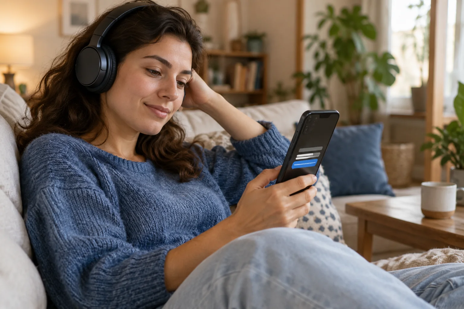 Personne consultant son smartphone avec un casque audio