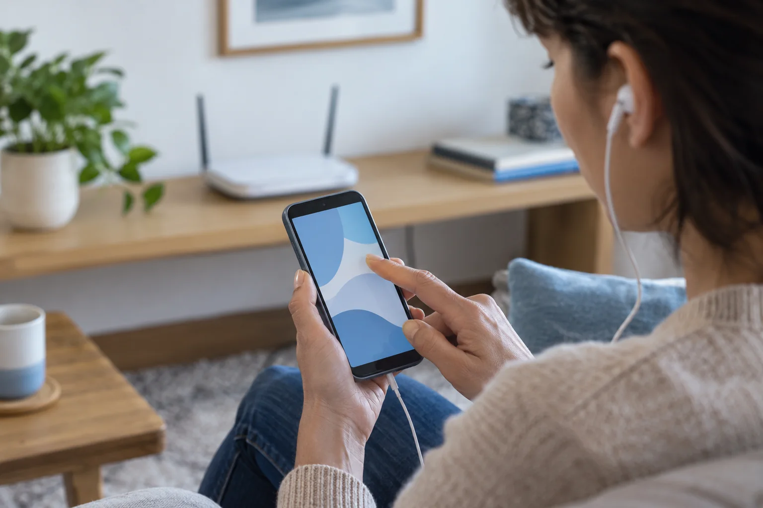 Personne utilisant un smartphone avec des écouteurs