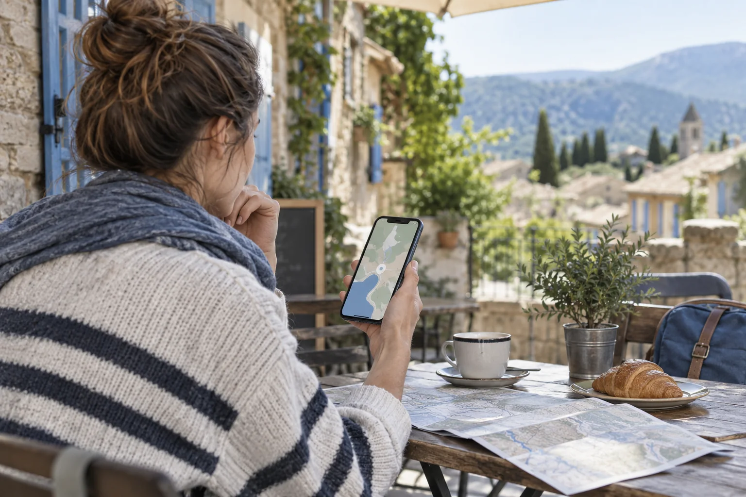 Voyageuse préparant un trajet avec une carte sur téléphone
