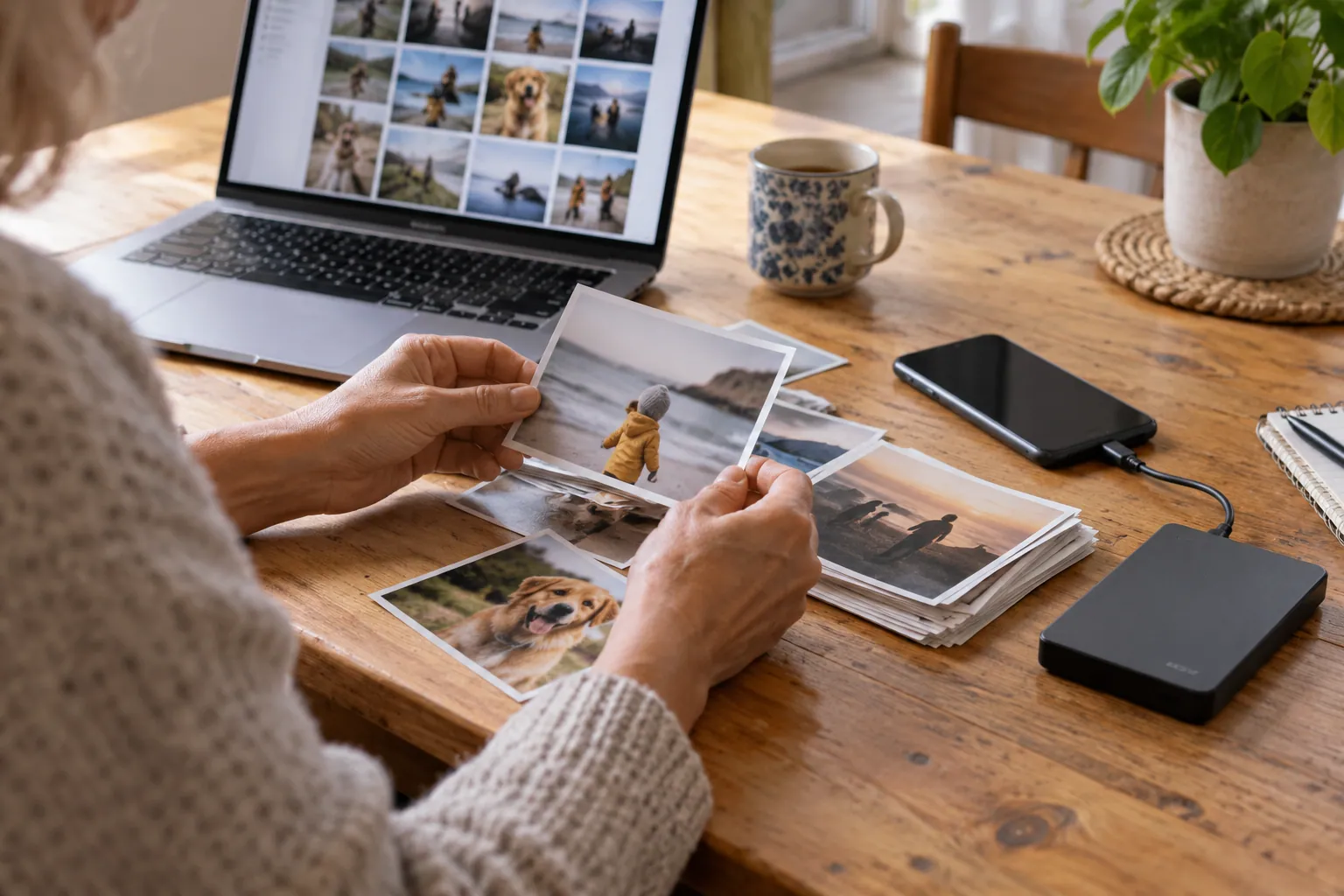 Illustration photoréaliste : personne organisant des photos imprimées près d’un ordinateur, d’un téléphone et d’un disque de sauvegarde