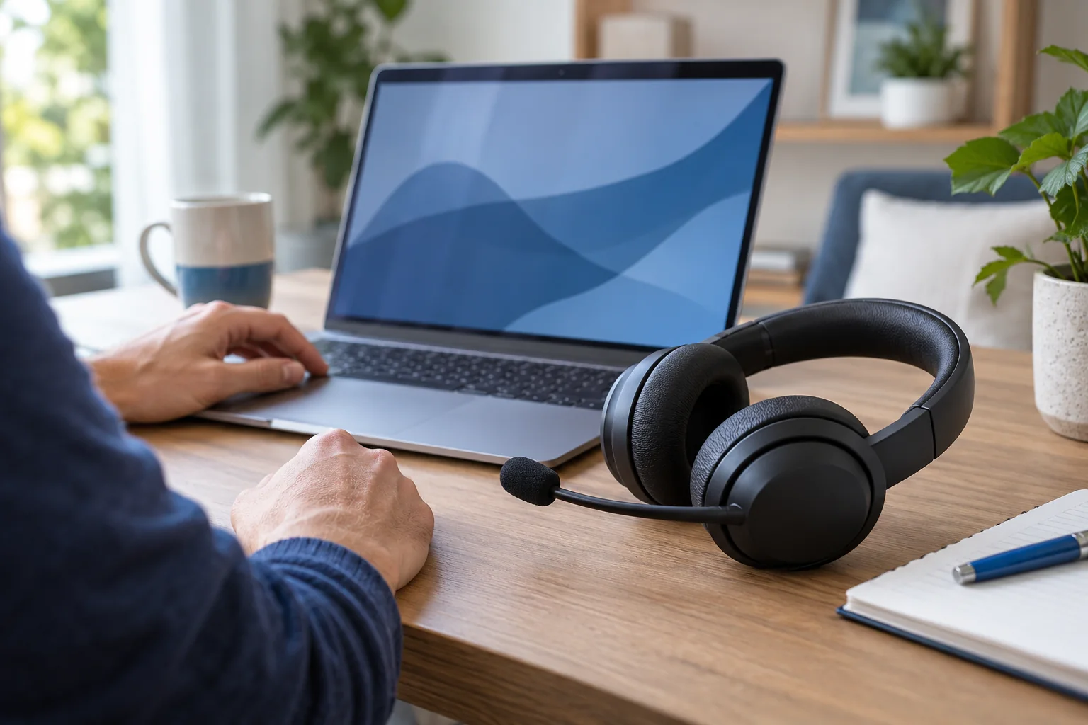 Casque avec microphone près d’un ordinateur portable