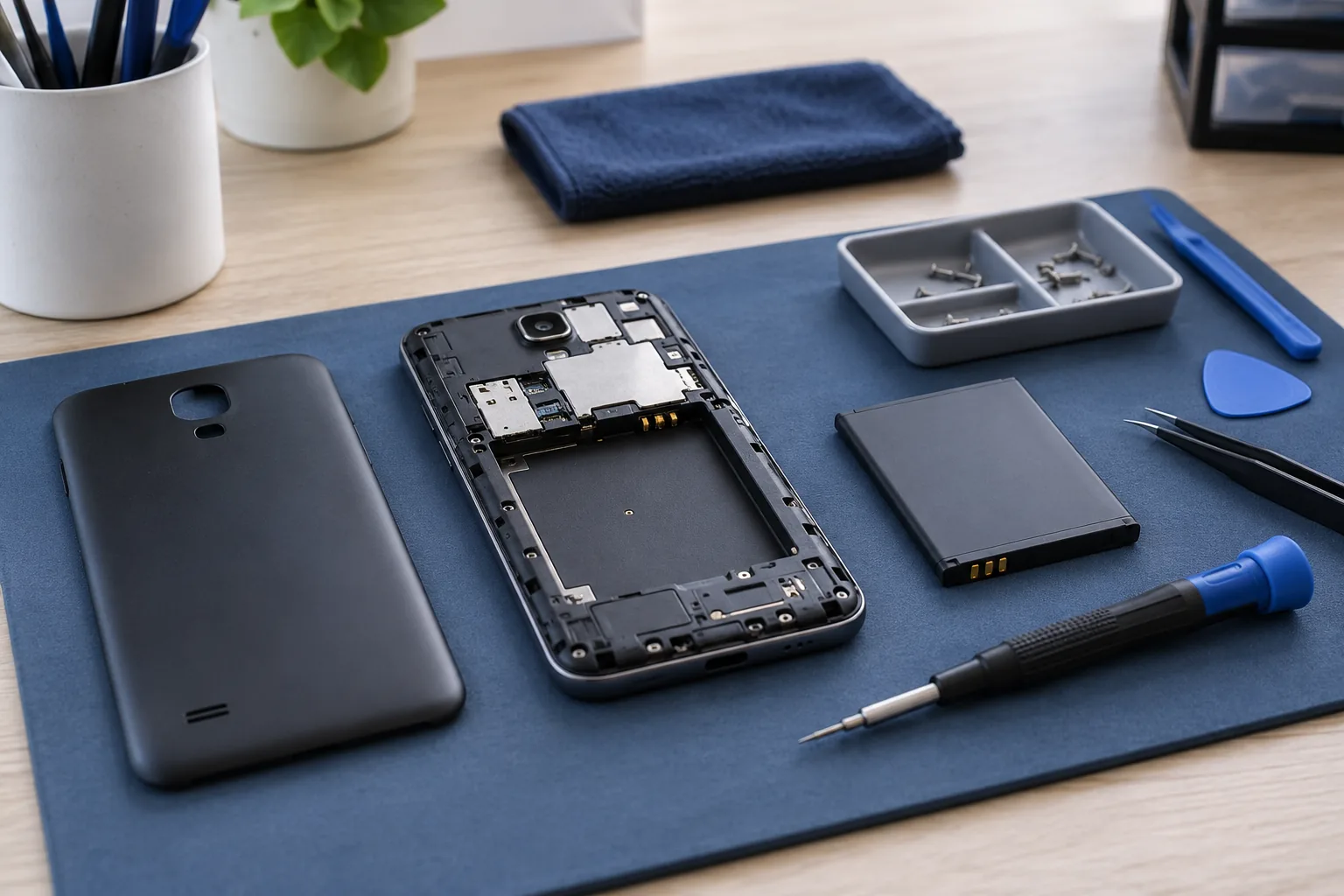 Smartphone démonté avec batterie intacte, vis et tournevis sur un tapis de réparation
