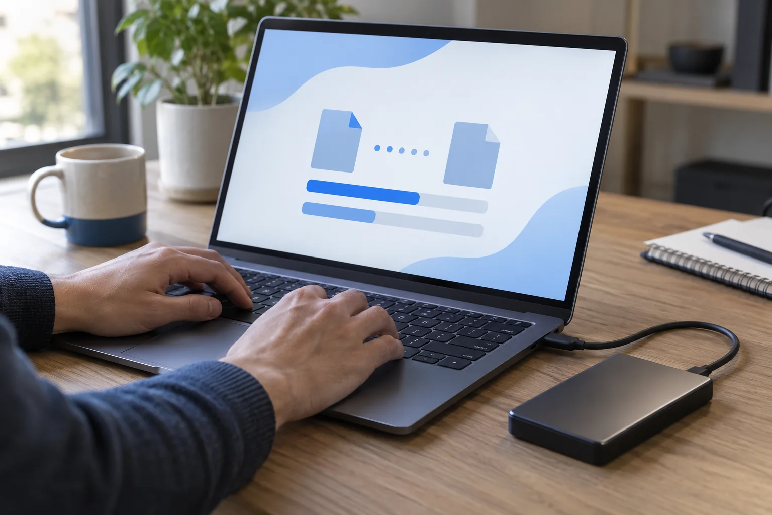Ordinateur et disque externe lors d’un transfert de fichiers