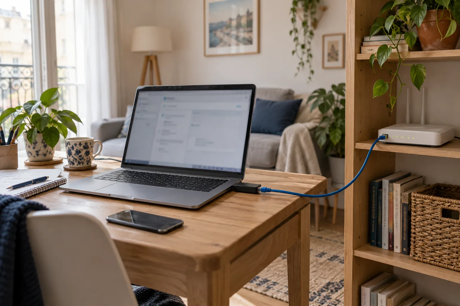 Illustration générée par IA : ordinateur connecté à un routeur par un câble Ethernet bleu sur un bureau