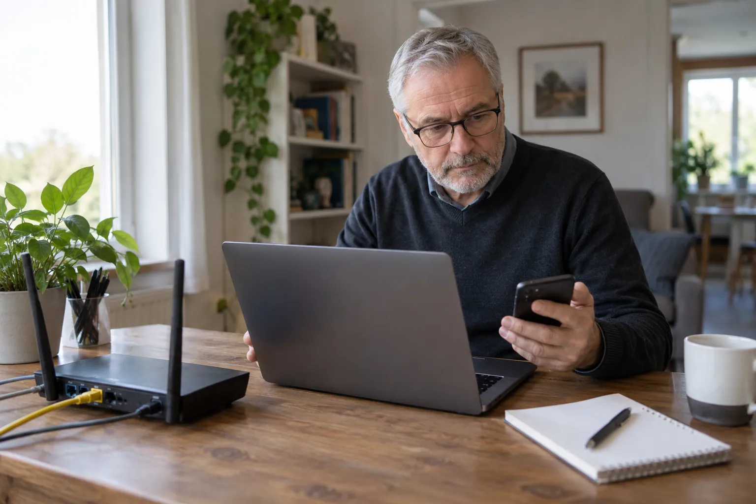 Illustration photoréaliste : professionnel vérifiant un ordinateur et un routeur pour un diagnostic de connexion
