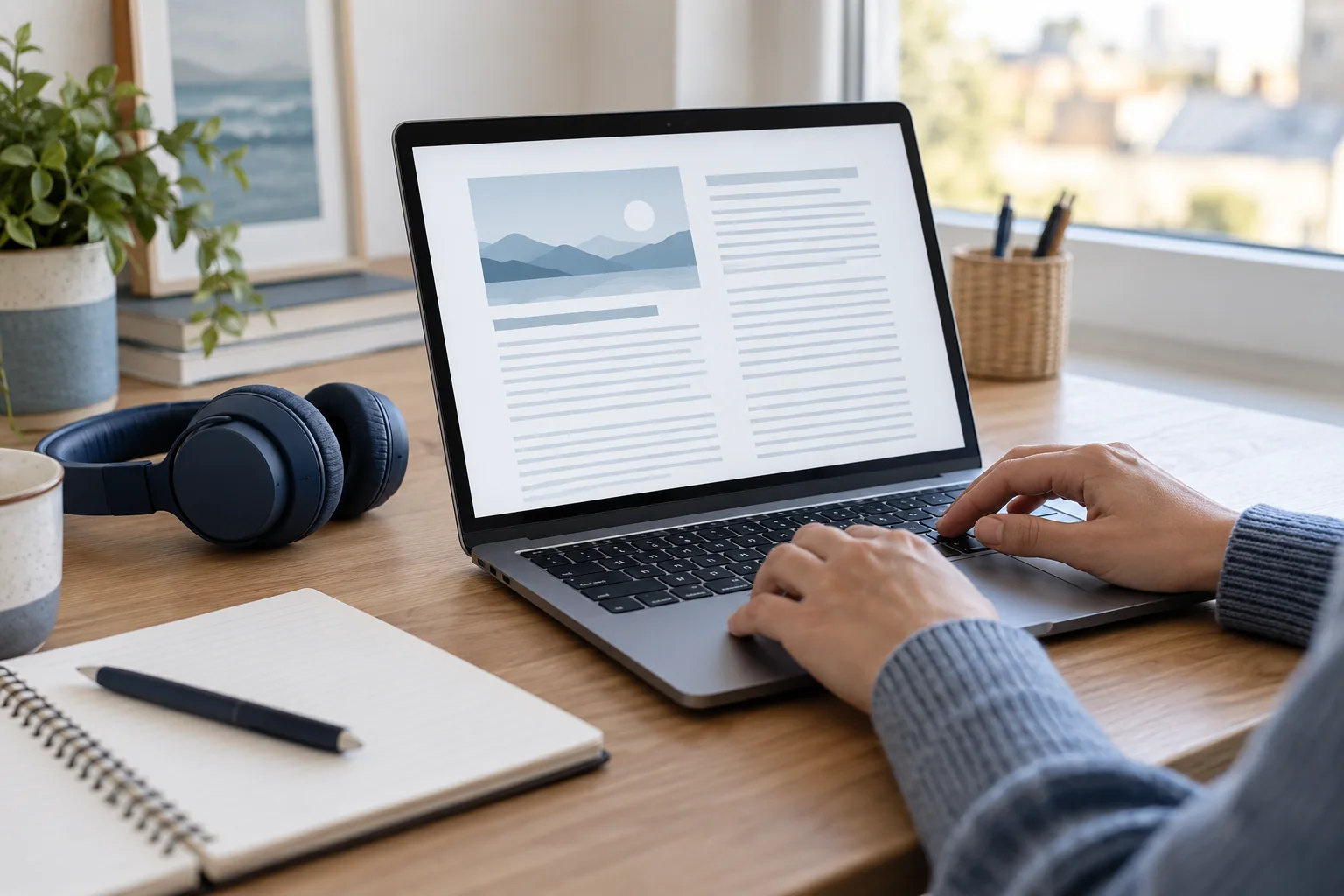 Ordinateur et casque sur un bureau pour lire une page