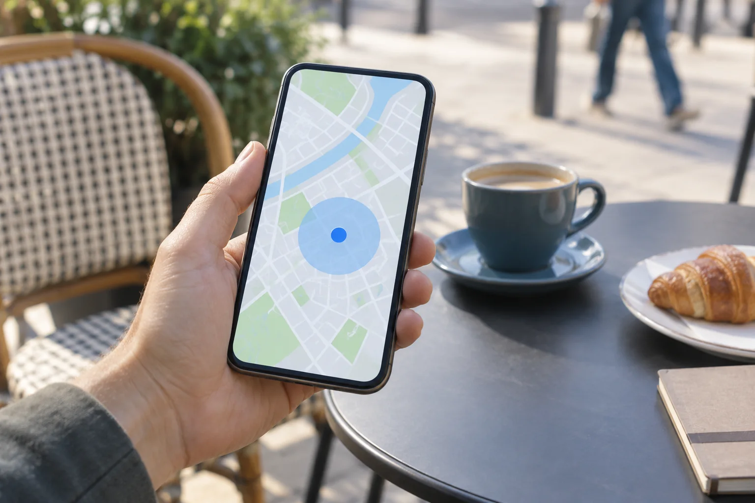 Personne consultant une carte sur smartphone en terrasse