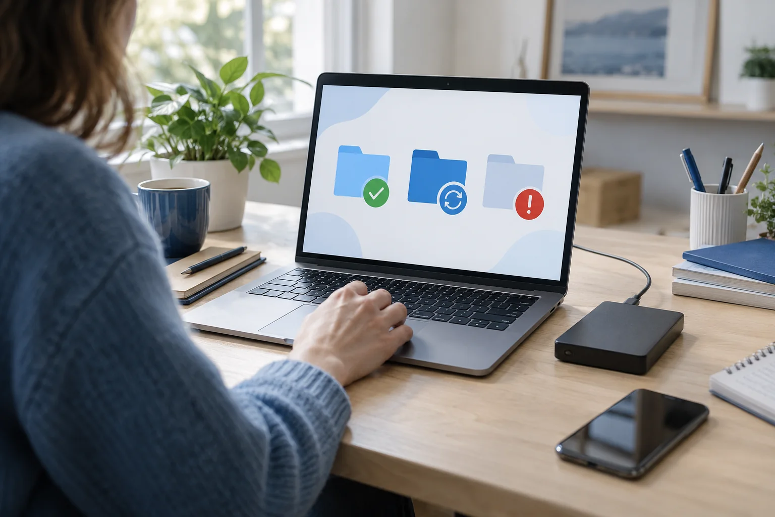 Personne vérifiant la synchronisation de fichiers sur ordinateur