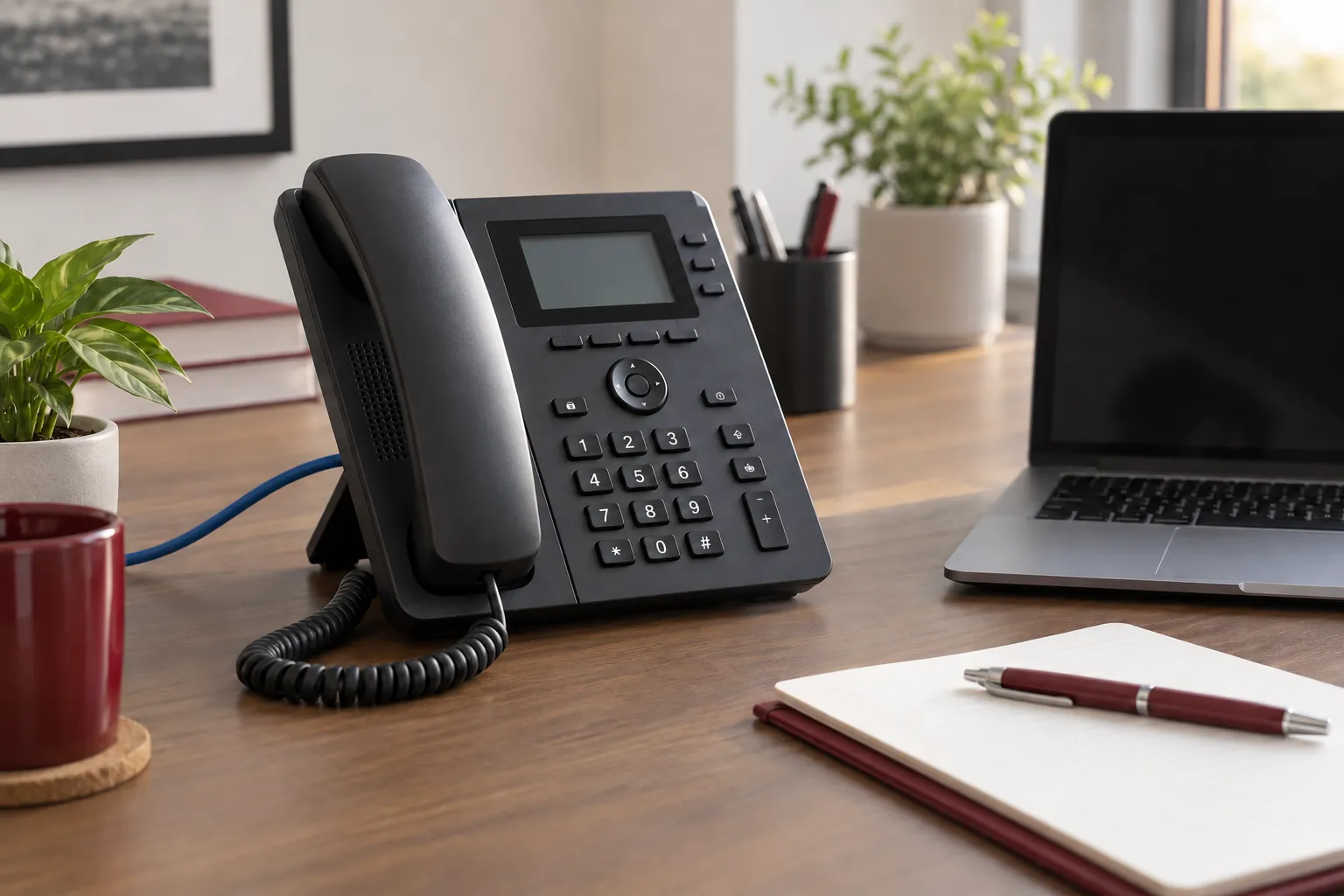 Illustration : téléphone IP sans marque, ordinateur portable et câble Ethernet sur un bureau