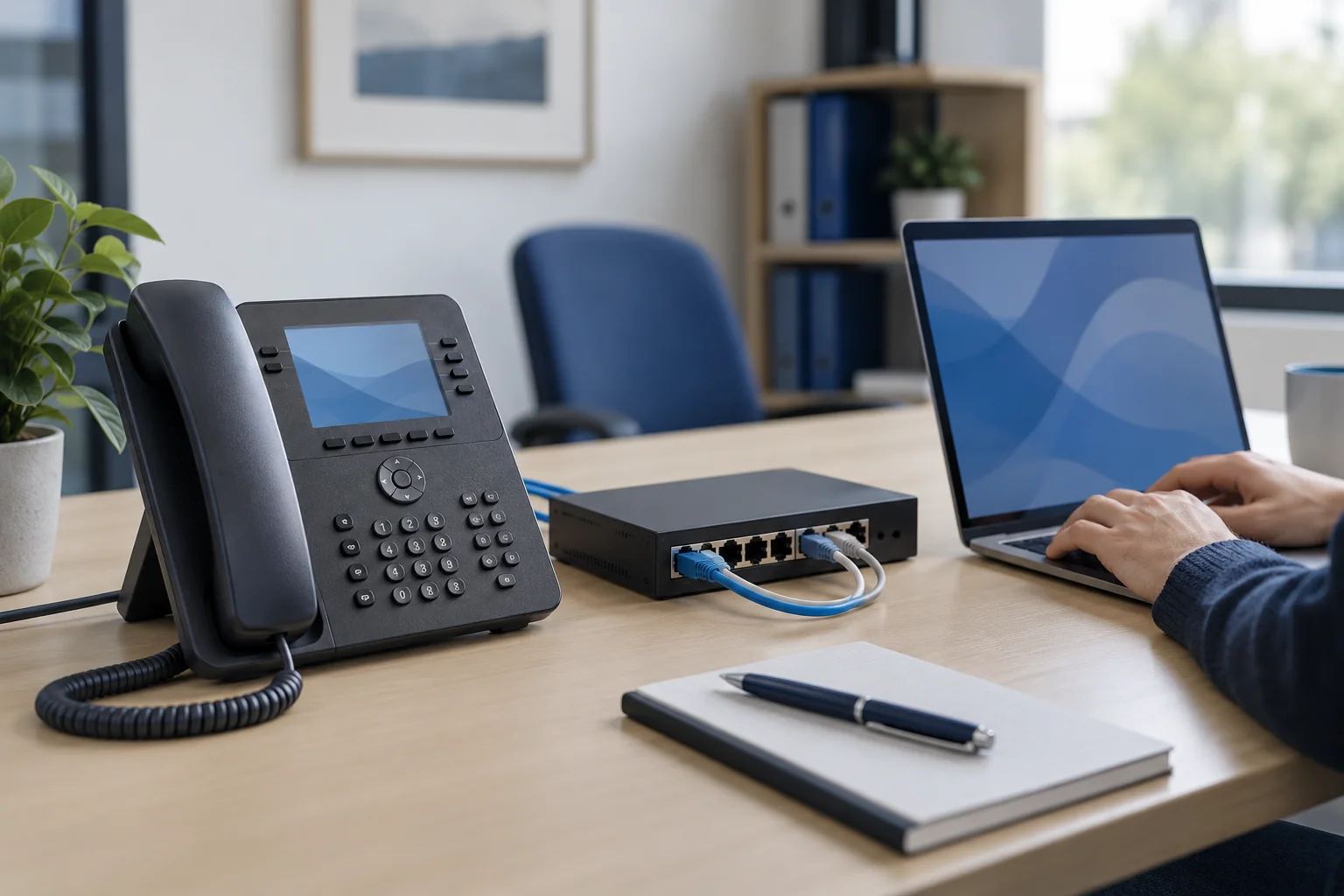 Téléphone IP, commutateur réseau et ordinateur dans un bureau