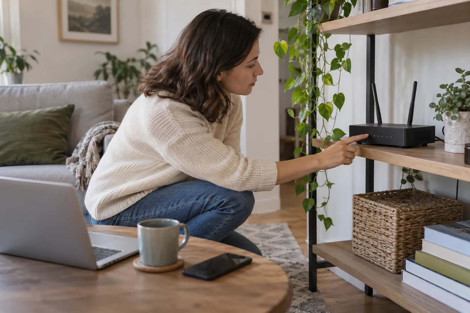 Illustration photoréaliste : personne intervenant sur le bouton d’alimentation d’un routeur dans un logement