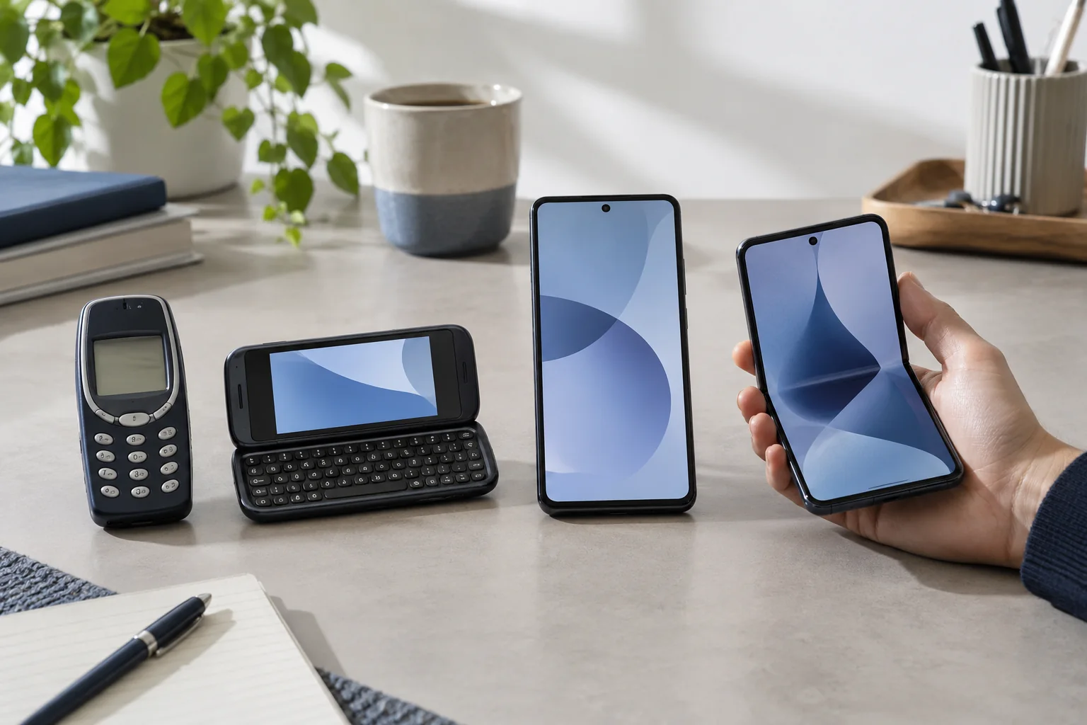 Téléphones à clavier et smartphones tactiles alignés sur un bureau