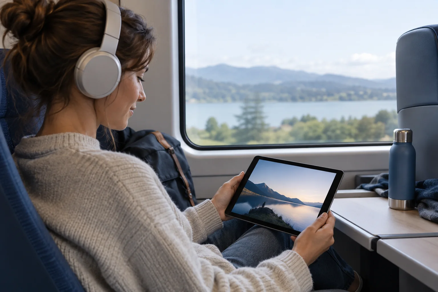 Voyageuse regardant une vidéo sur tablette dans un train