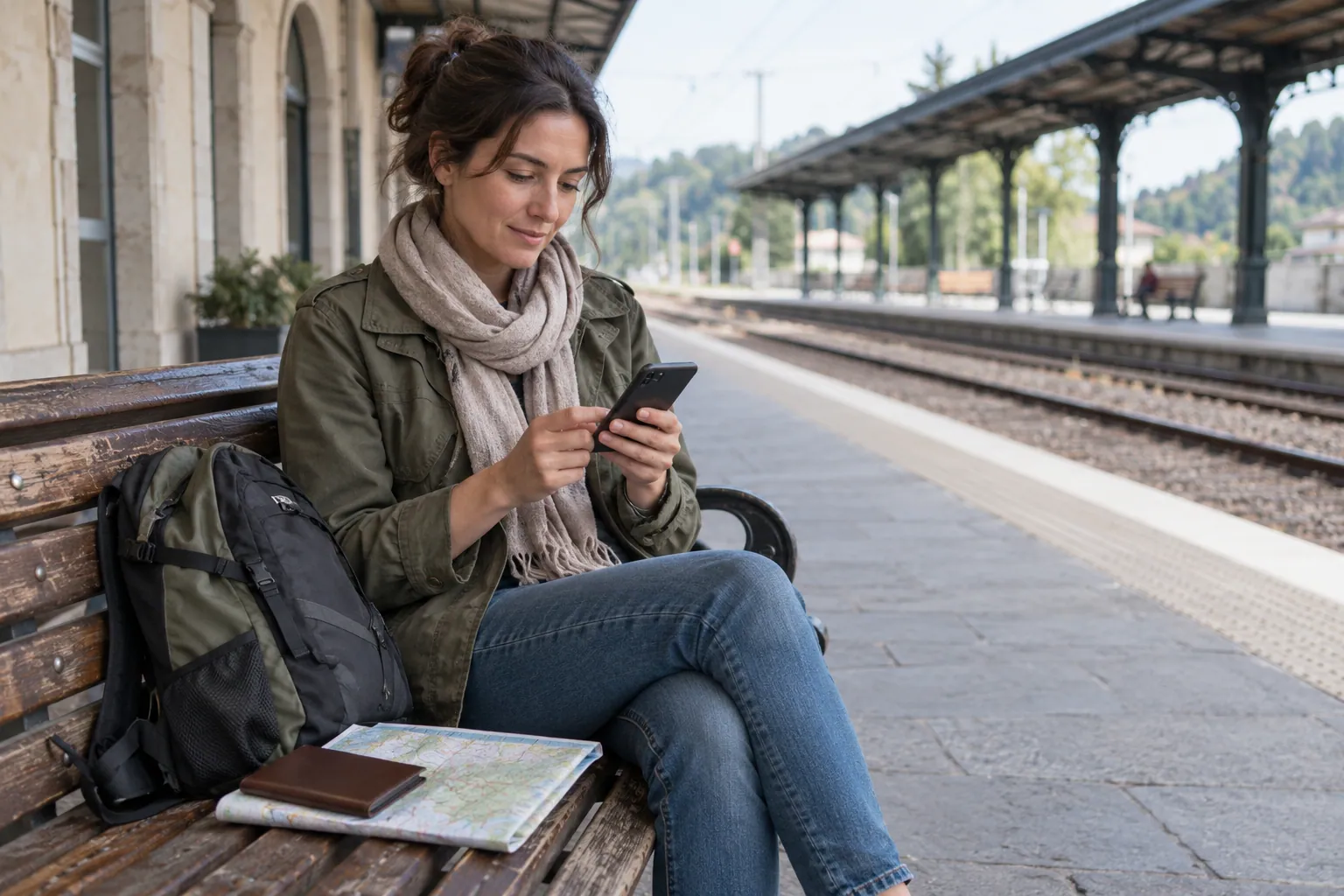 Illustration photoréaliste : voyageur préparant son trajet avec un smartphone, une carte papier et une pochette de documents