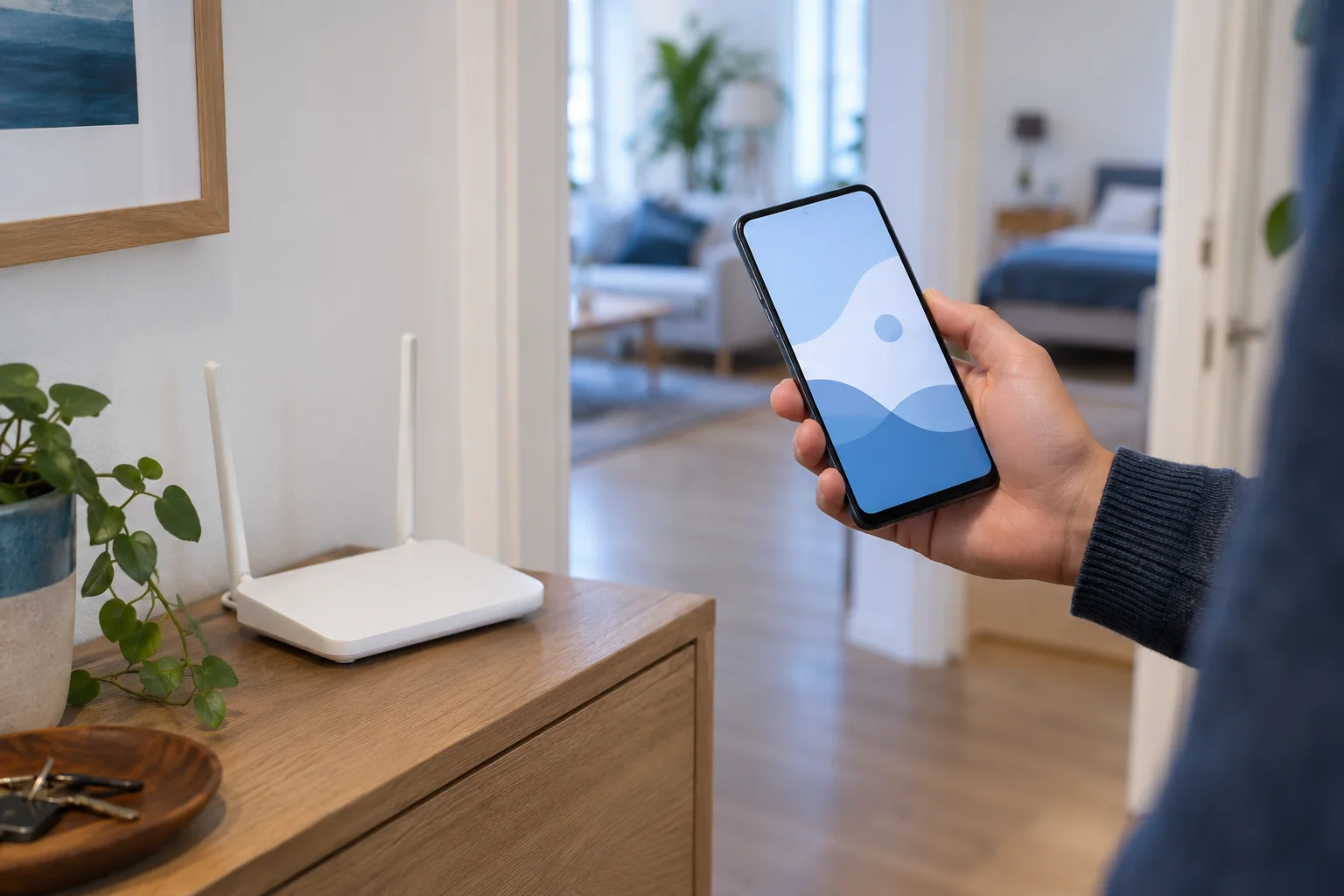 Personne mesurant le Wi-Fi dans un logement avec son téléphone