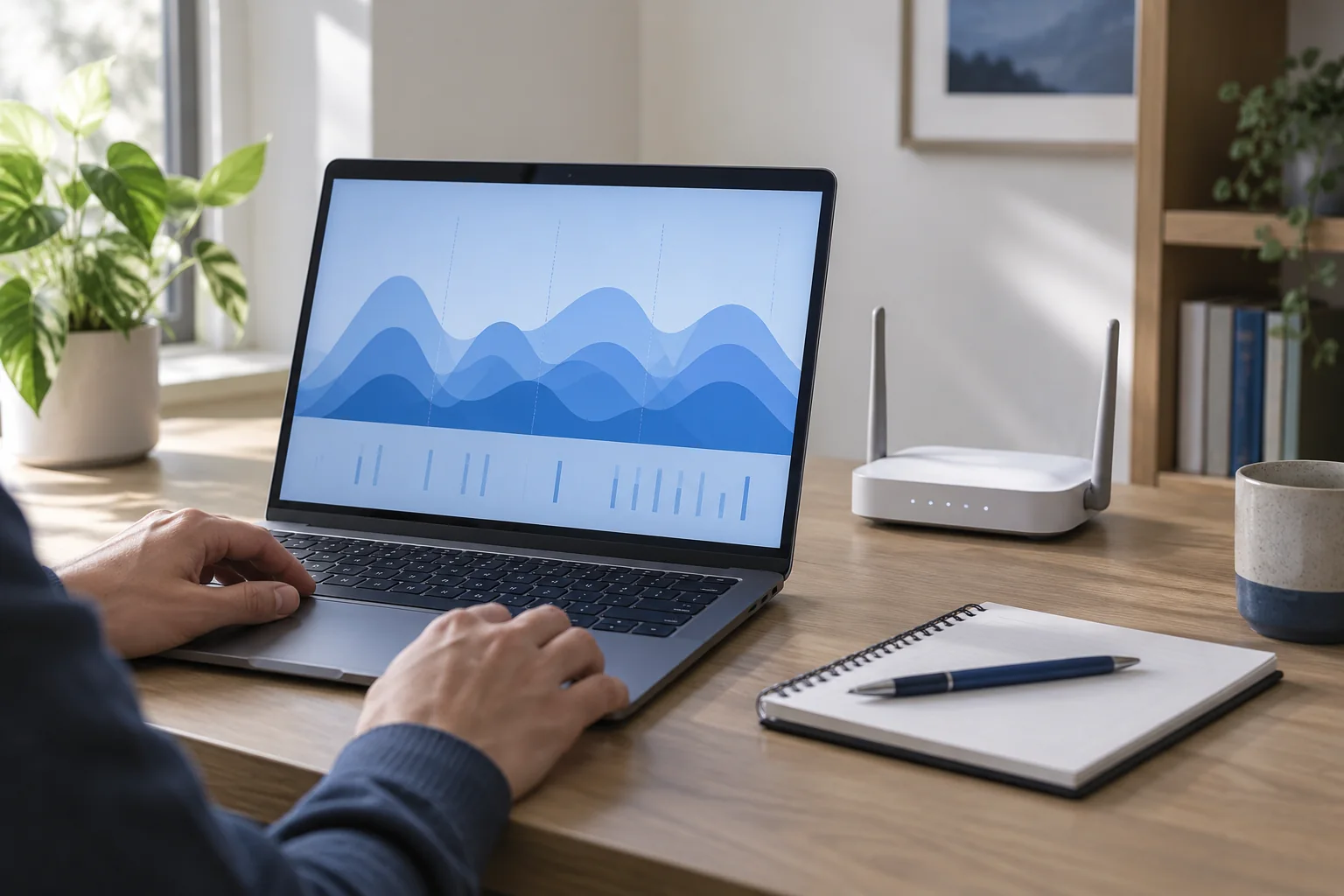 Ordinateur affichant un graphique de connexion près d’un routeur