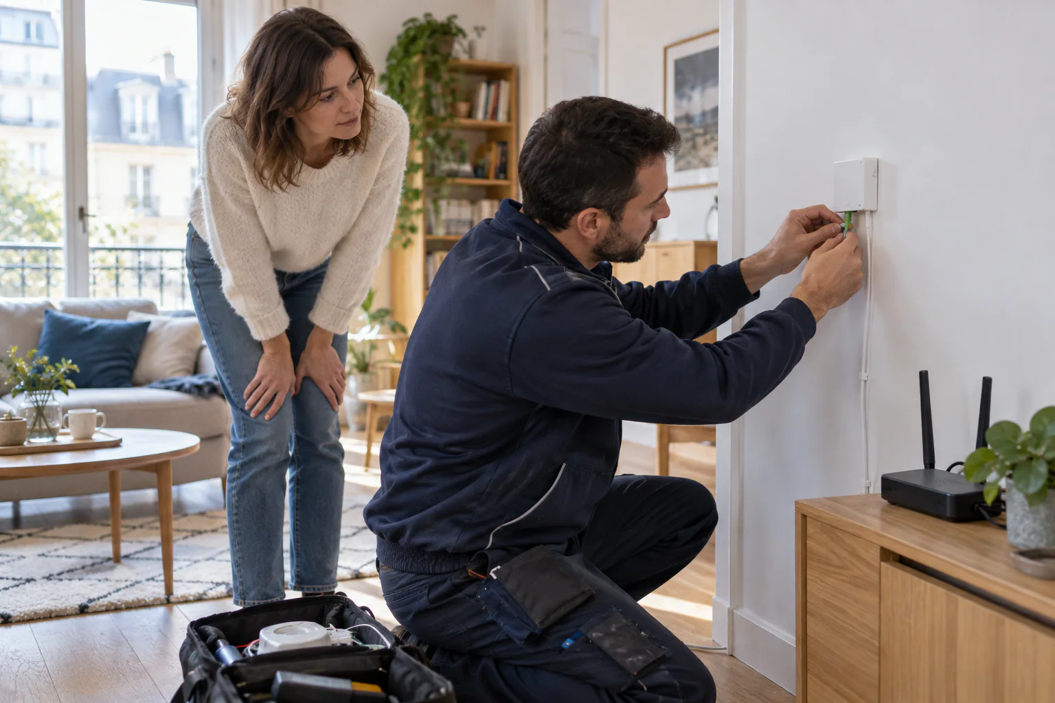 Technicien installant une prise fibre avec une résidente