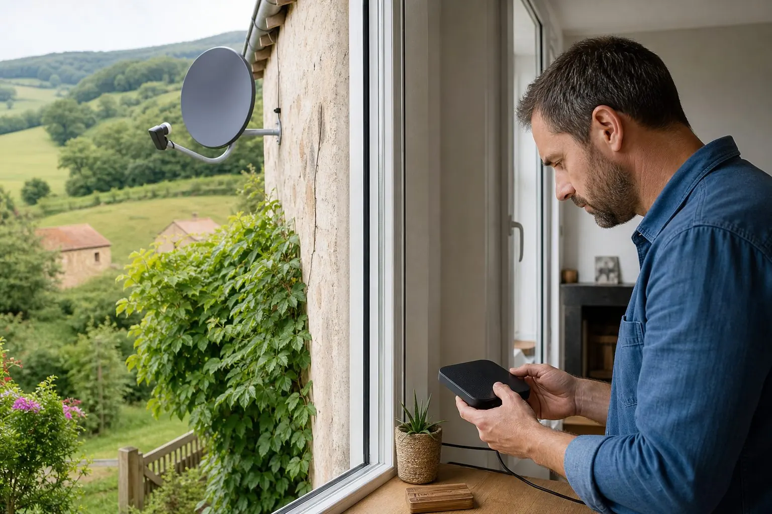 Personne utilisant un smartphone près d’une maison équipée d’une antenne satellite