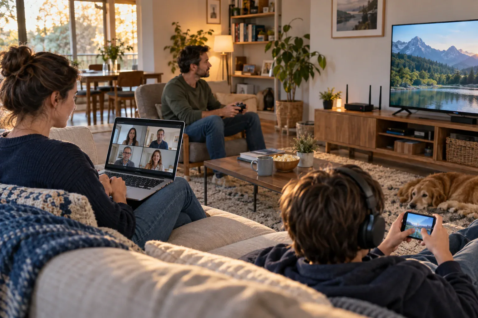 Famille utilisant simultanément ordinateur, télévision et console