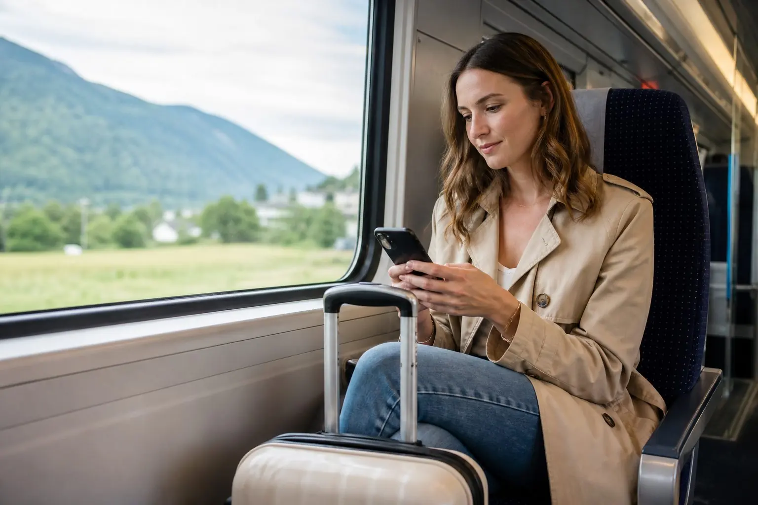 Voyageuse utilisant un smartphone dans un train