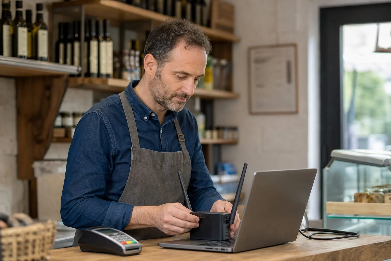 Commerçant vérifiant son smartphone près d’un ordinateur et d’un terminal de paiement