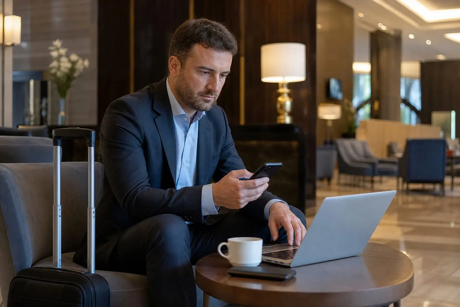 Personne utilisant son smartphone et son ordinateur dans un café