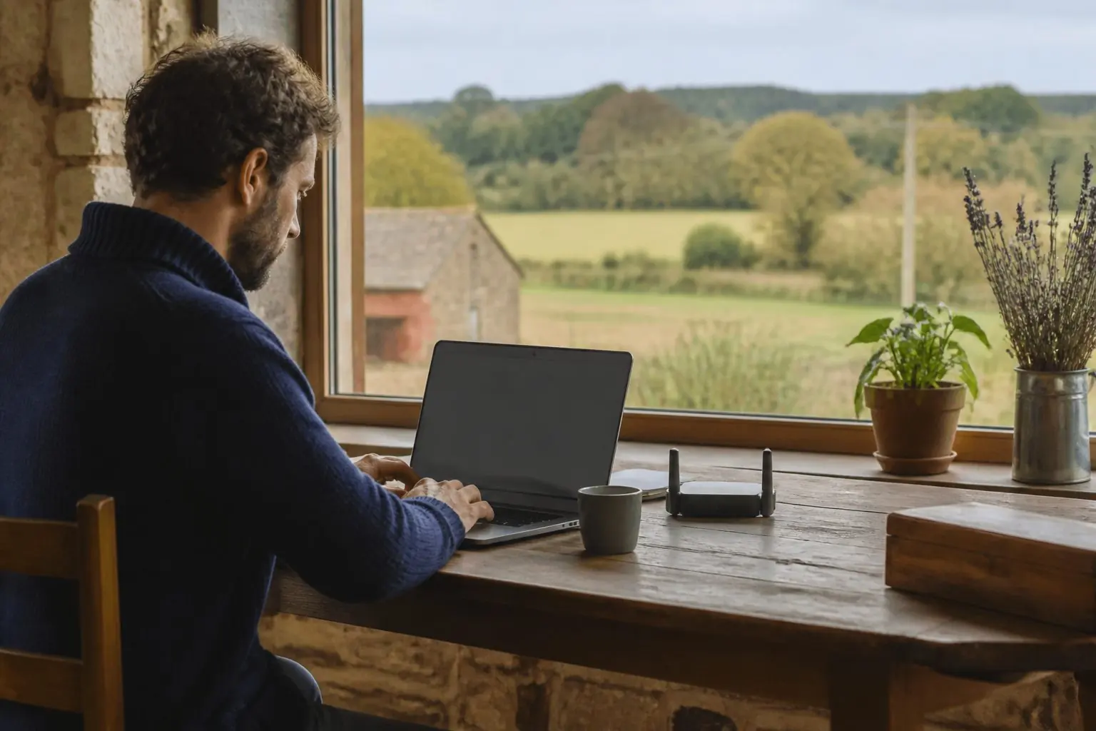 Personne utilisant un ordinateur près d’une fenêtre donnant sur la campagne